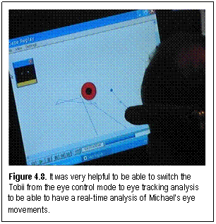 Figure 4.8. It was very helpful to be able to switch the Tobii from the eye control mode to eye tracking analysis to be able to have a real-time analysis of Michael's eye movements.
